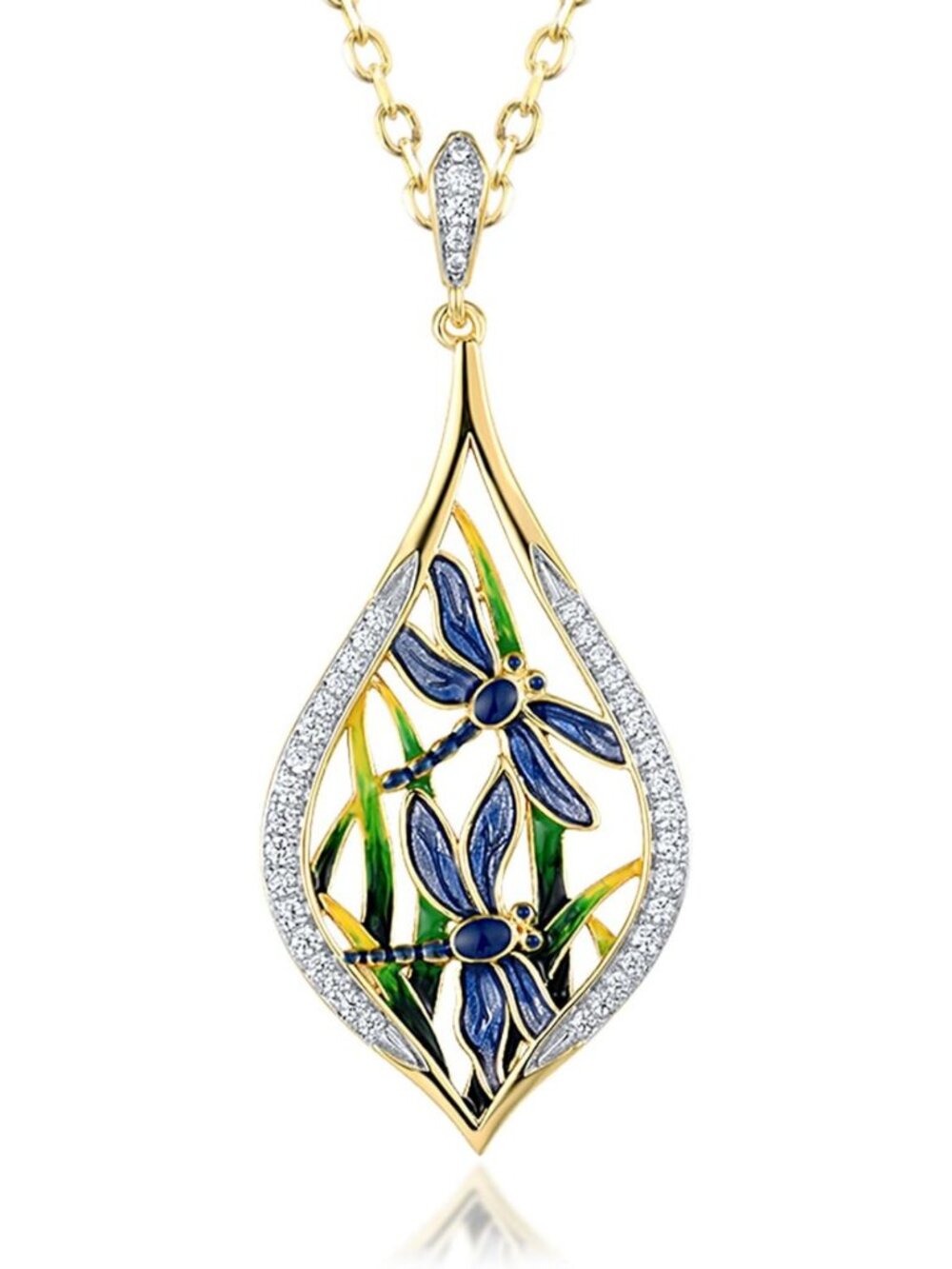 Elegant Dragonfly Pendant - 14K Gold Plated, Cubic Zirconia & Enamel for Women